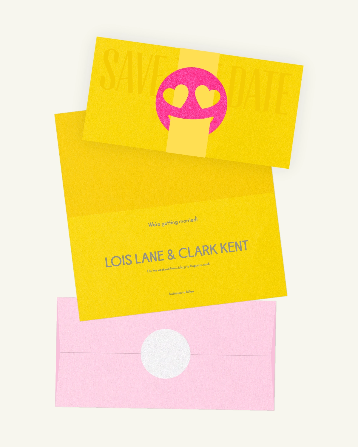 Digital mockup of Lato Suite Save-the-date card with luxurious inlay and envelope.heDate