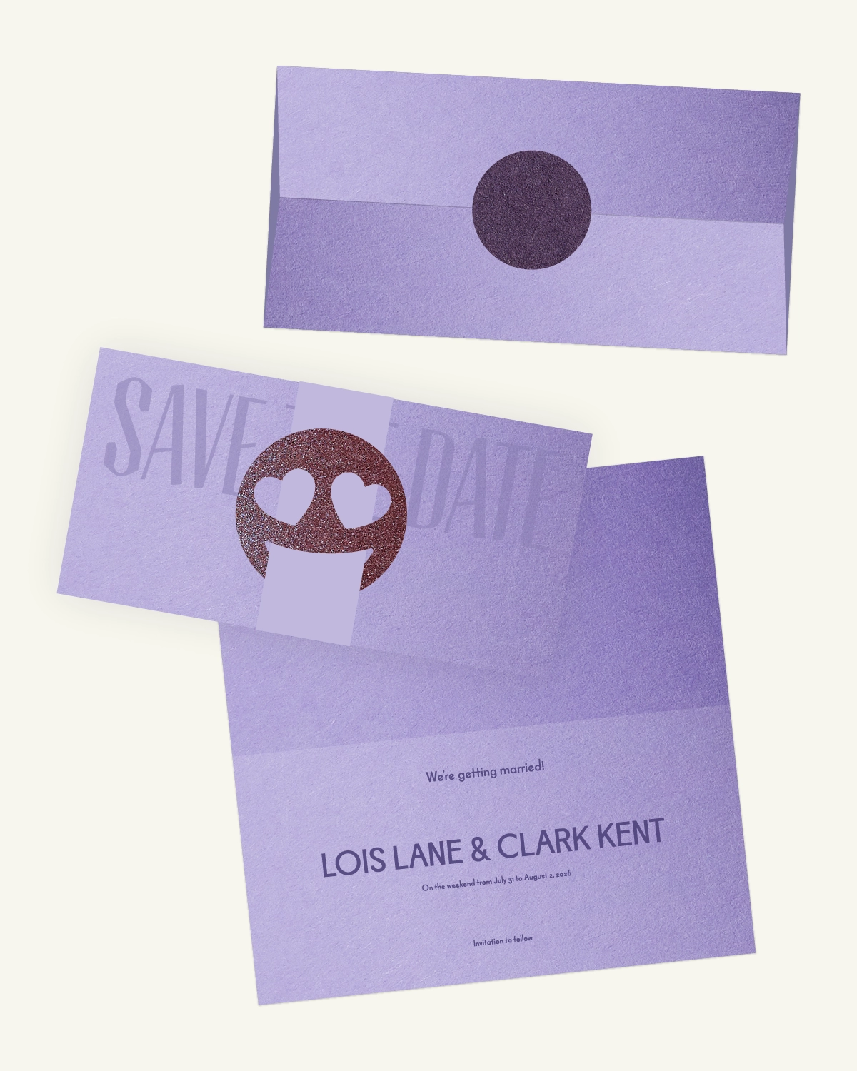 Digital mockup of Lila Suite Save-the-date card with luxurious inlay and envelope.heDate Digital mockup of Lila Suite Save-the-date card with luxurious inlay and envelope.heDate